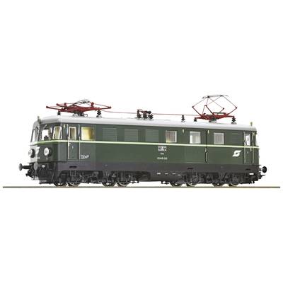 Green electric locomotive with two pantographs on the roof, in side view. Model with detailed elements and labelling.