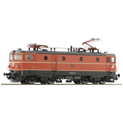 An orange electric train with a pantograph, on a white background, shows a side view with fine details.