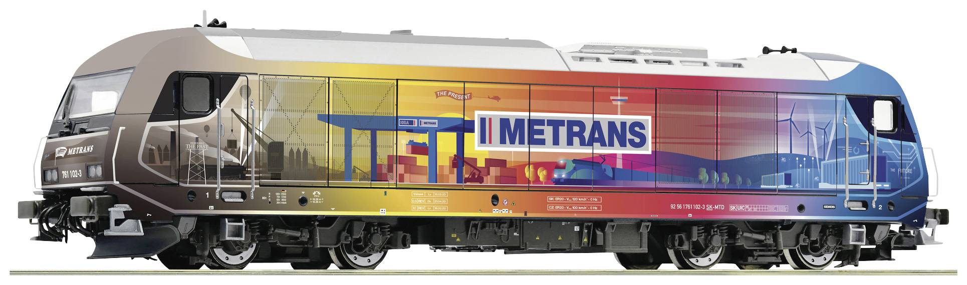 A colourful locomotive from the Metrans company featuring images of containers and cranes, symbolising freight transport and logistics.