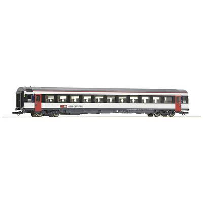 A white railway carriage of Swiss Federal Railways (SBB) with red and black stripes, standing on a section of track.