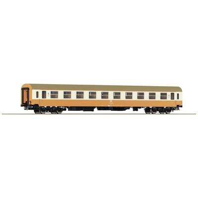 A yellow-beige railway carriage with multiple windows and two axles on tracks, depicted against a neutral background.