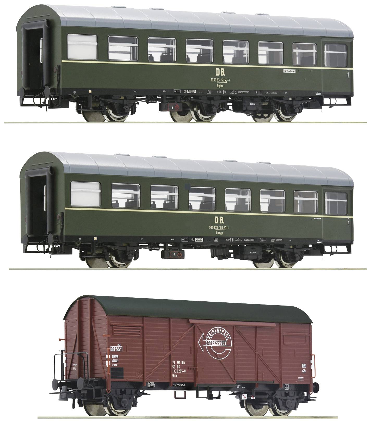 Image of Roco 6200010 H0 3-piece set 2: Passenger train of DR Reko-Seage seat wagon, freight wagon GMS