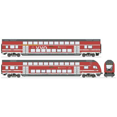 Double-decker train of the Dresden S-Bahn with red paintwork and VVO logo. The train consists of multiple carriages with labelled doors.