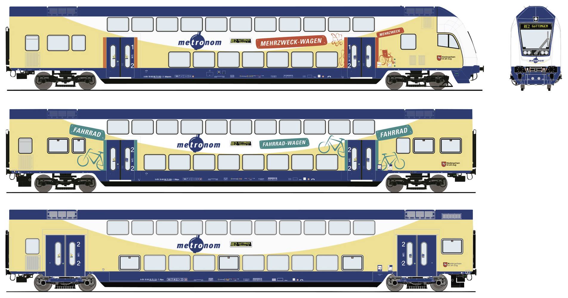 Roco 6220105 H0 3-pc set Double-decker wagon of Metronom 2 Class DBpza, 2 Class DBdpza, 1./2. Class DABpbzkfa