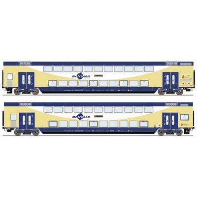 Double-decker regional train in yellow and blue colours with the 'metronom' inscription on its sides.