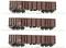 'Three brown goods wagons on a track, viewed from the side, identically designed, with labels and details on the surface.'