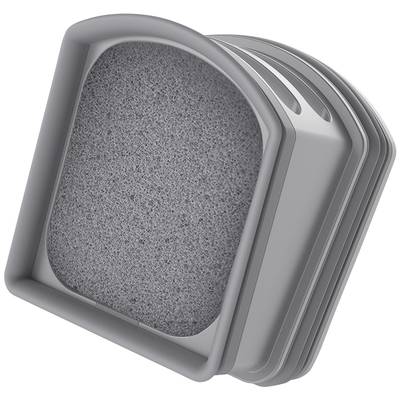 Grey round sponge filter in a grey plastic housing, suitable for air or water filtration. Side slots for improved air or water circulation.