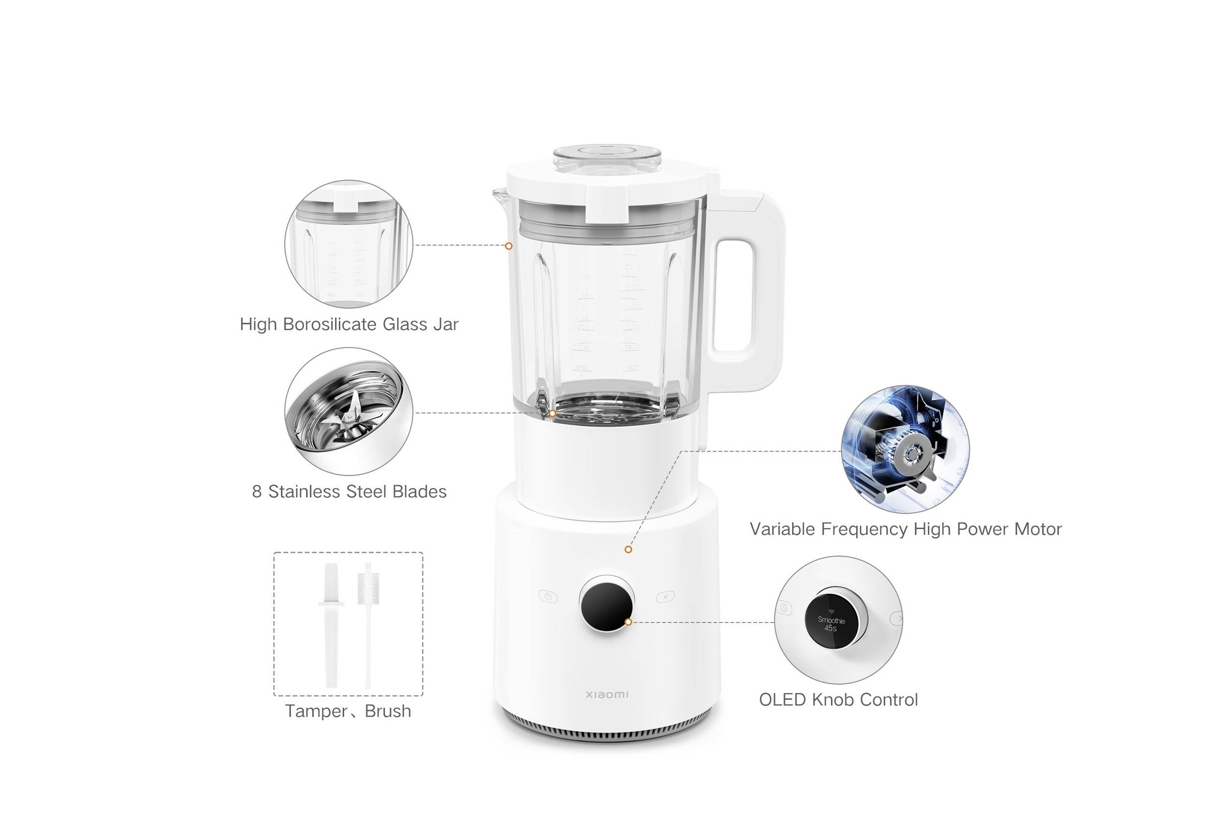 A white blender with a glass jug and eight stainless steel blades. Features a variable high-performance motor and OLED rotary dial control.
