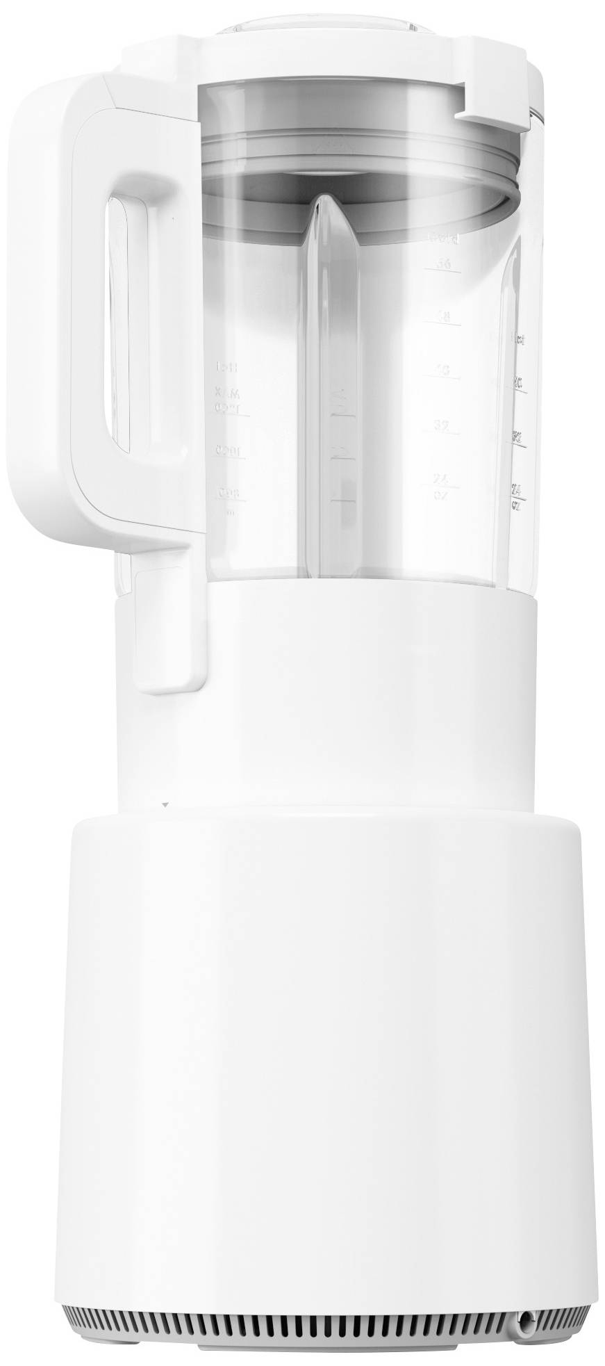 A white stand blender with a transparent glass jug and a side-mounted handle on a white background.