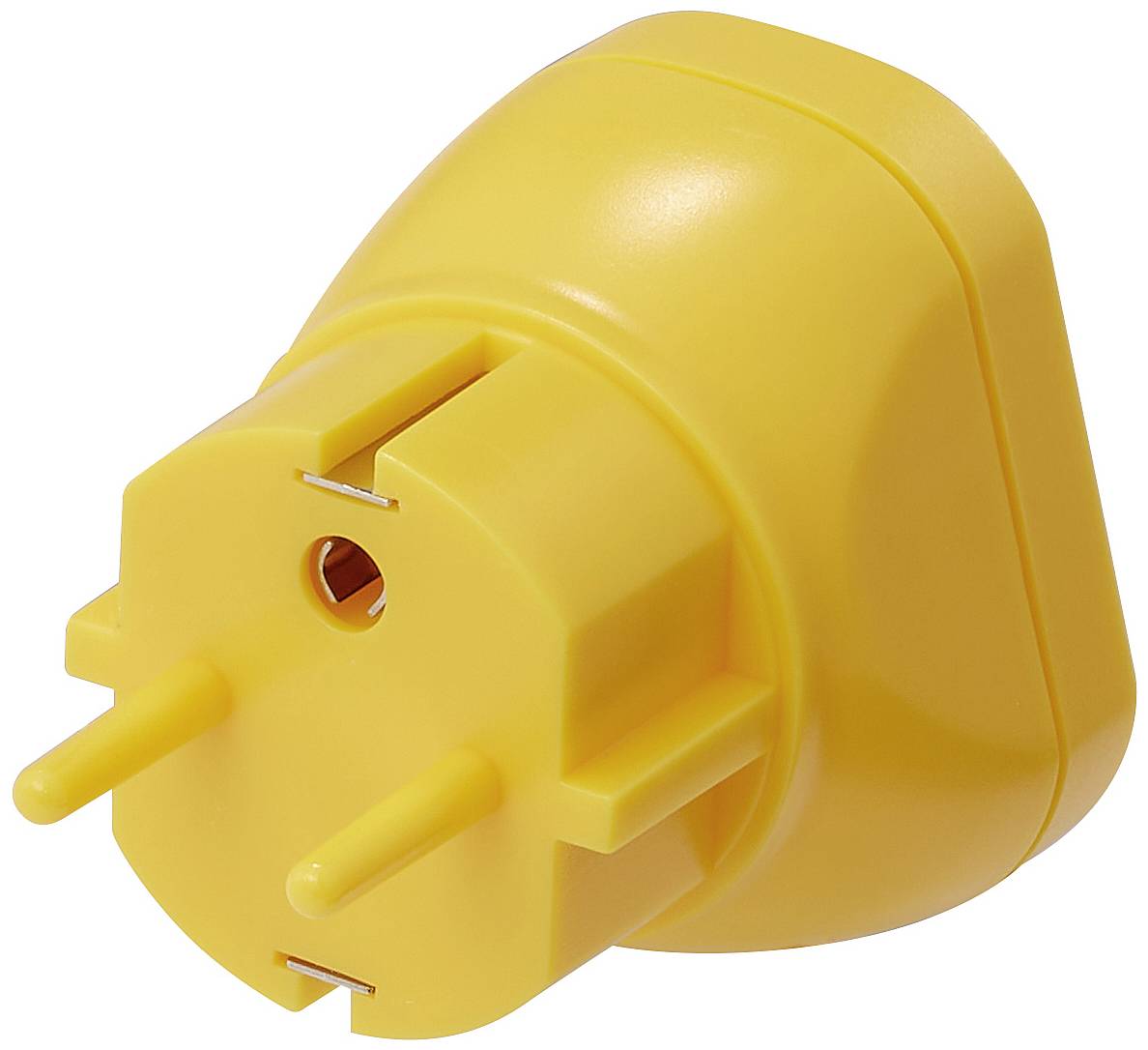 Yellow, three-pin earthed plug adapter viewed from the side.
