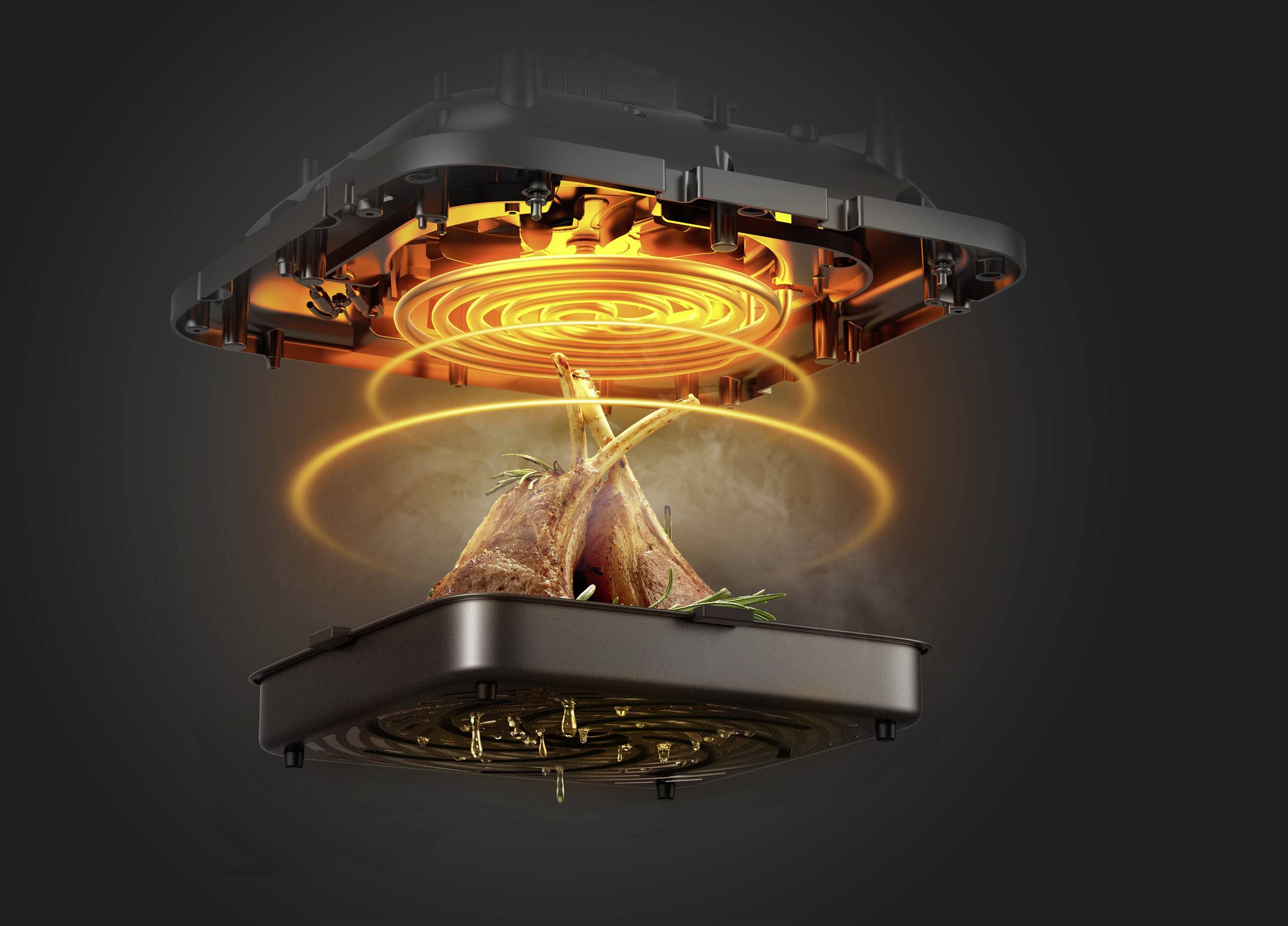 An infrared grill evenly heats two lamb chops, surrounded by glowing heating elements; thin sprigs of rosemary as garnish.