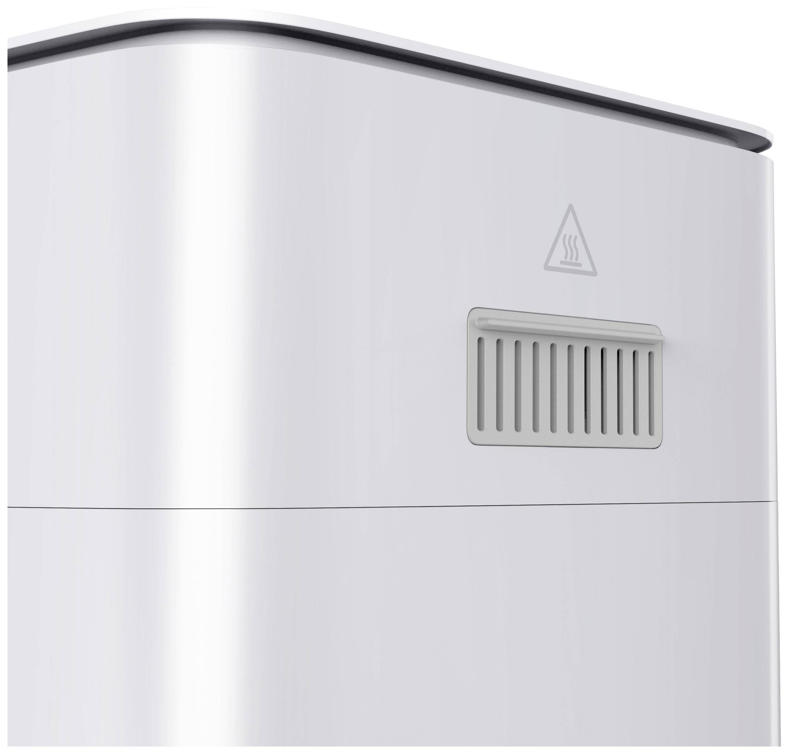 An air purifier with a smooth, white surface and a ventilation grille. A warning symbol for hot surfaces is visible.