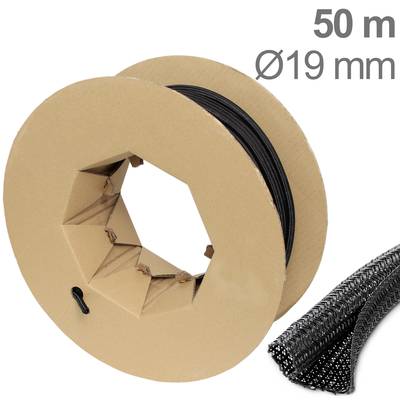 50-metre long black protective hose with a diameter of 19 mm on a brown cardboard reel, close-up visible.