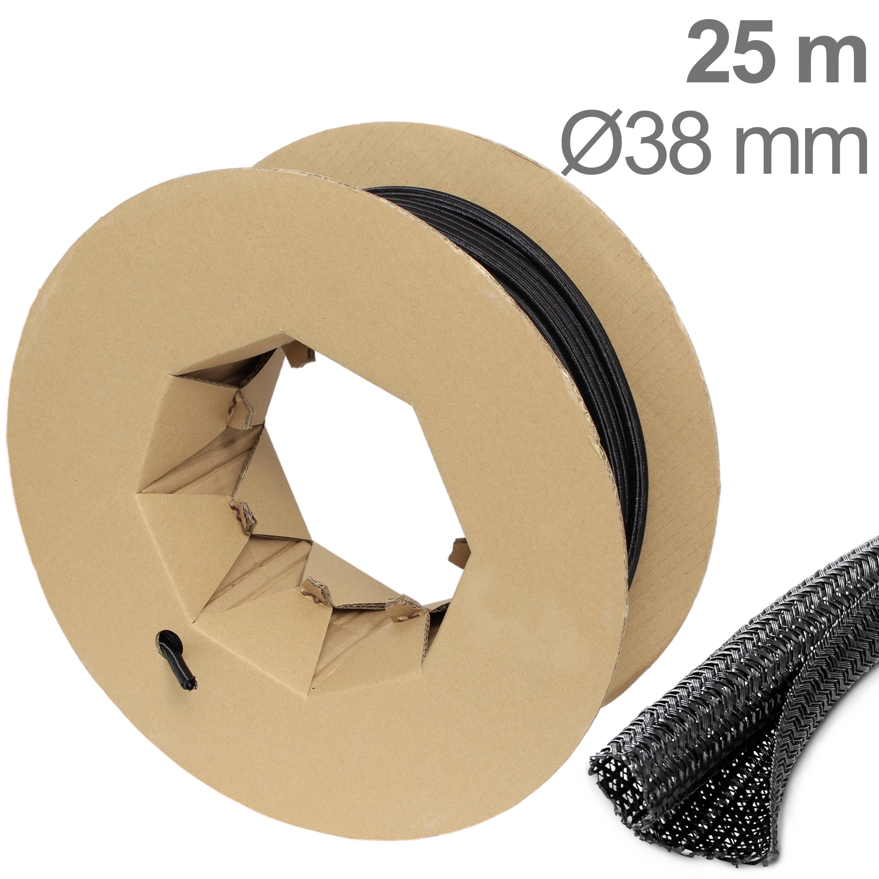 Reel with black mesh material, 25 metres in length, 38 mm diameter, on a cardboard core. Close-up of the weave at the bottom edge.