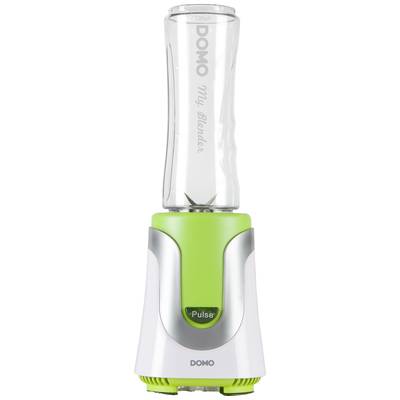 Green blender with a transparent container, a button labelled 'Pulse', with the brand name 'DOMO' visible.