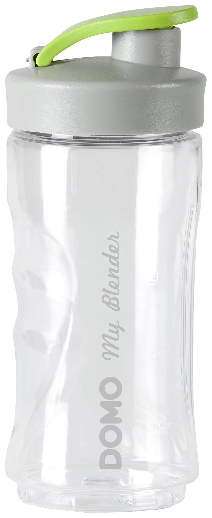 Transparent drinking bottle with a silver lid and green carrying handle, labelled 'DOMO My Blender'.