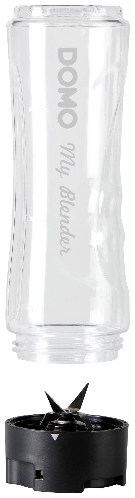 Transparent plastic container of a blender with a black blade attachment underneath.