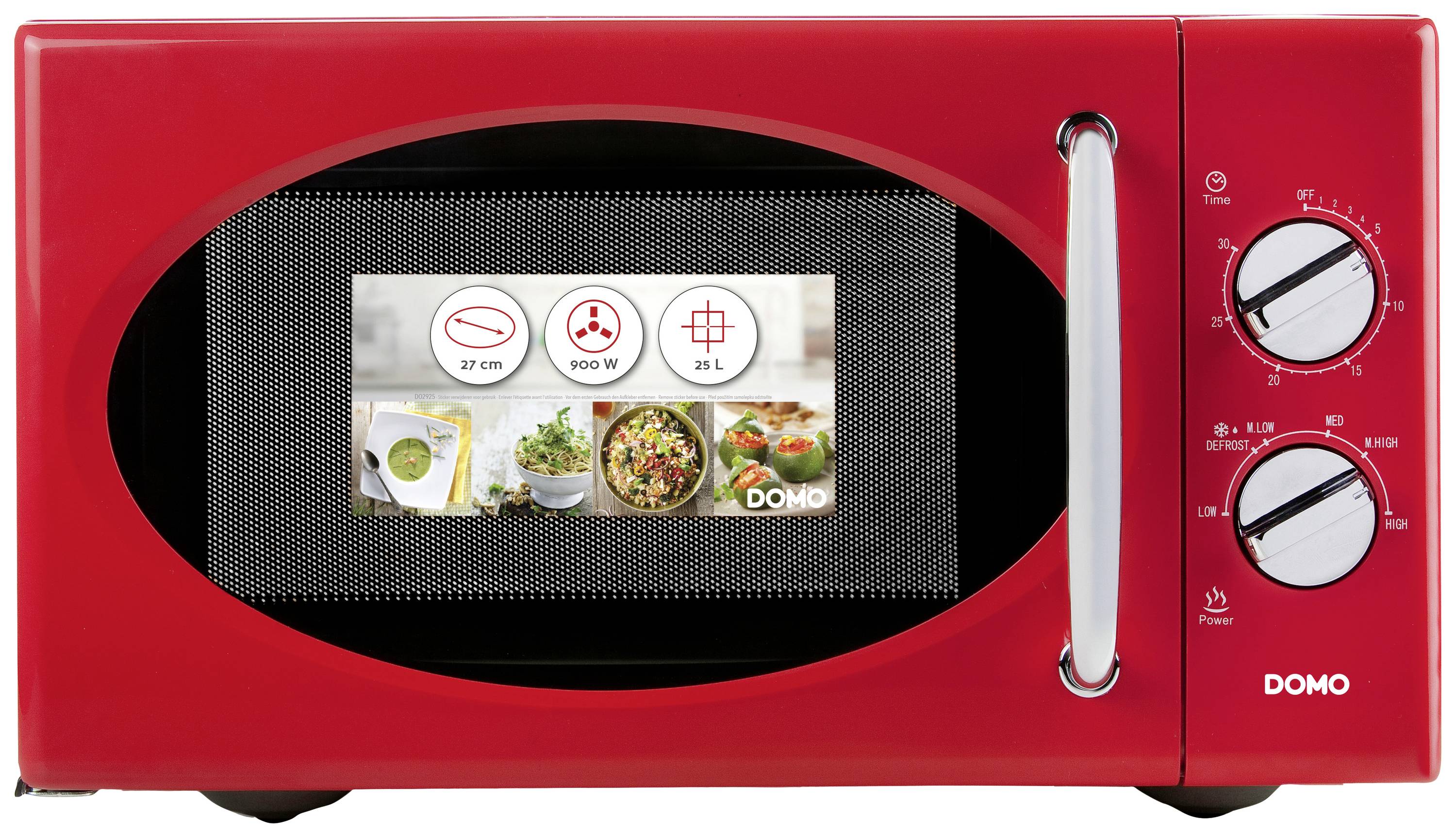 Red microwave with two rotary knobs on the right-hand side; digital display shows symbols for size, power, and cooking programmes.