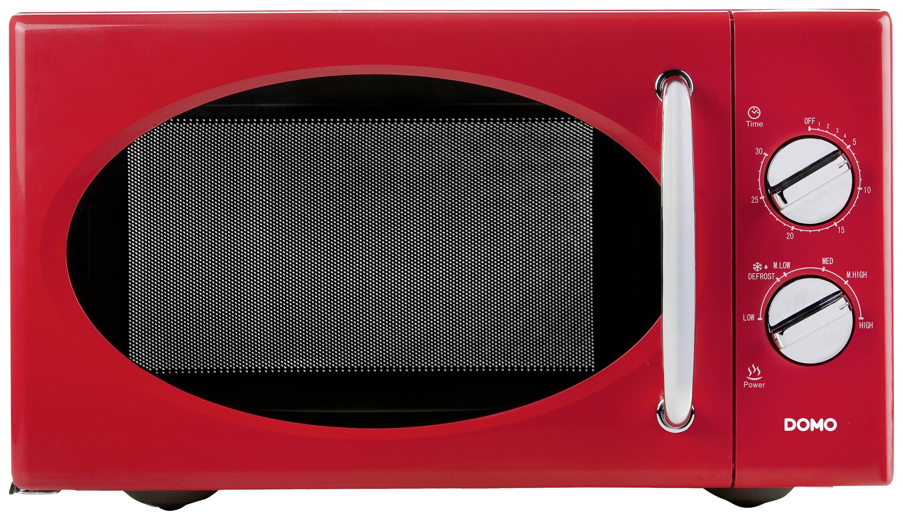Red microwave with rectangular window and two rotary knobs for time and power setting.