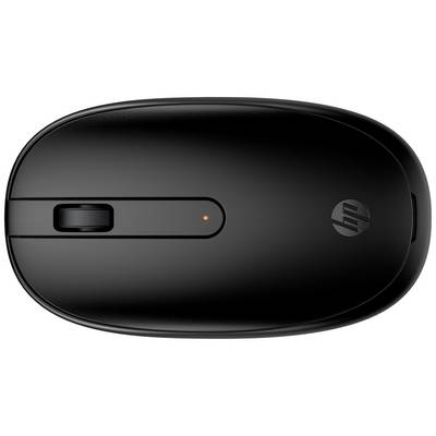 Black wireless computer mouse with a scroll wheel and a small orange light.