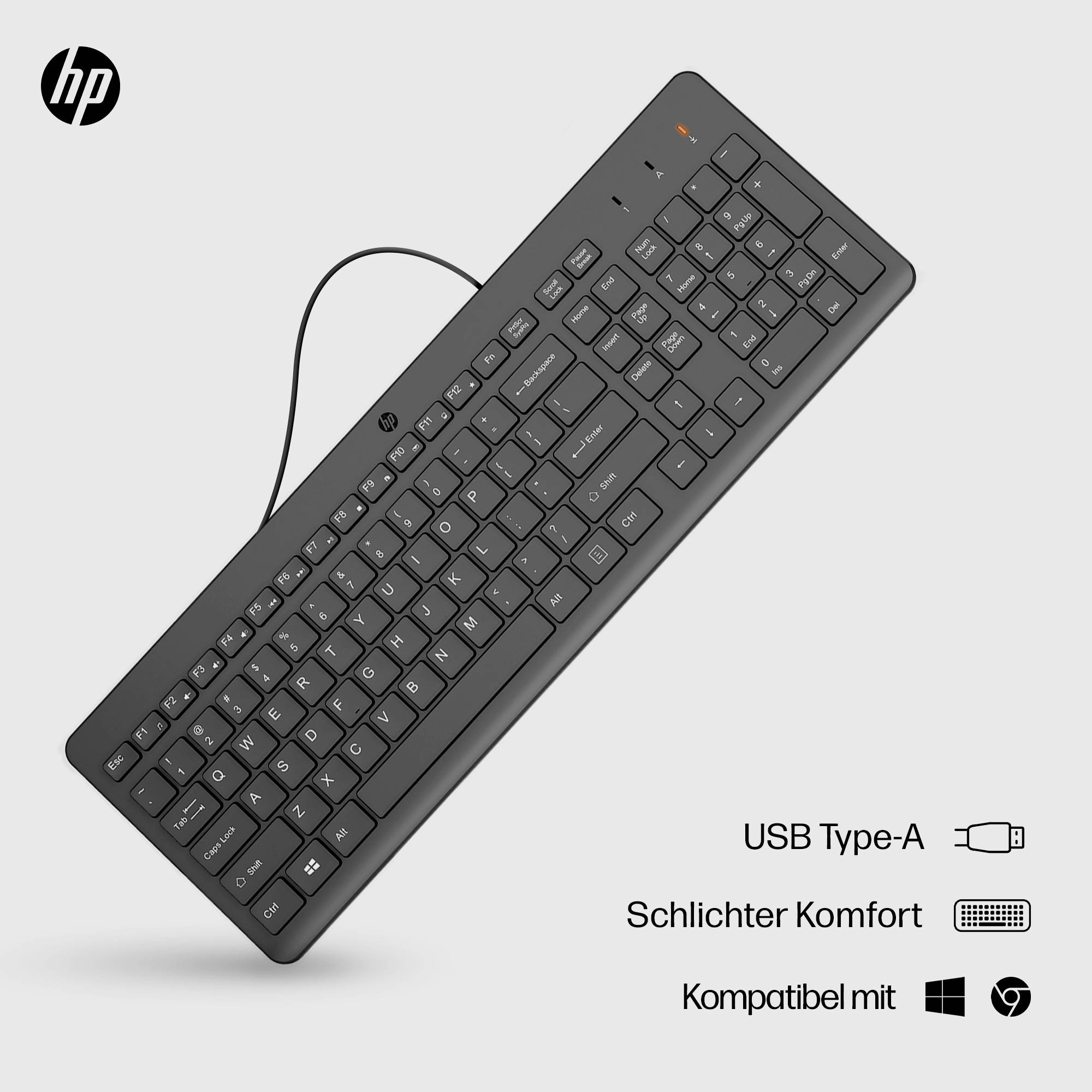 'HP keyboard with USB Type-A connection, simple design, compatible with Microsoft Windows and Mac OS.'