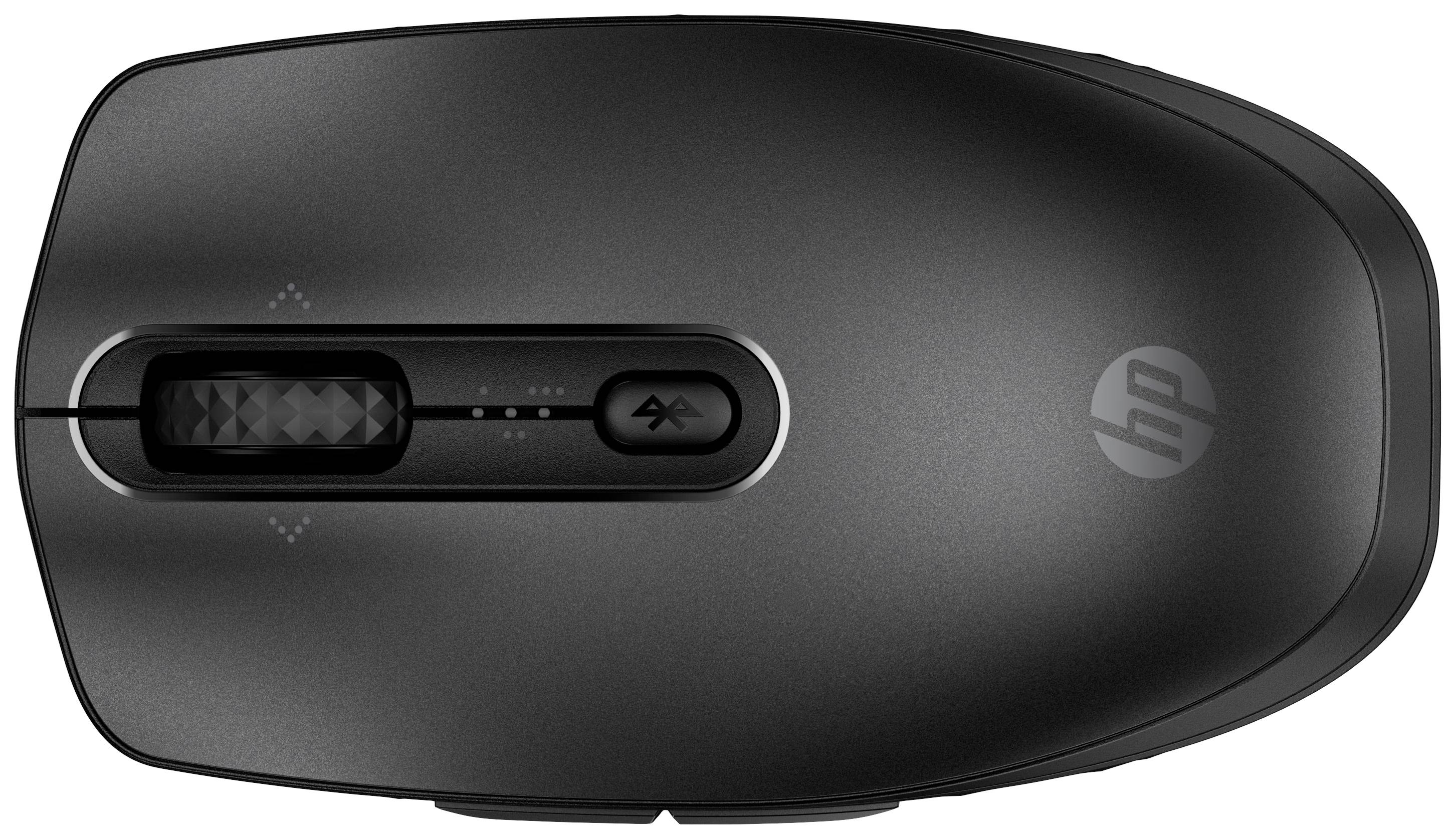 Black computer mouse viewed from above with scroll wheel and Bluetooth symbol.