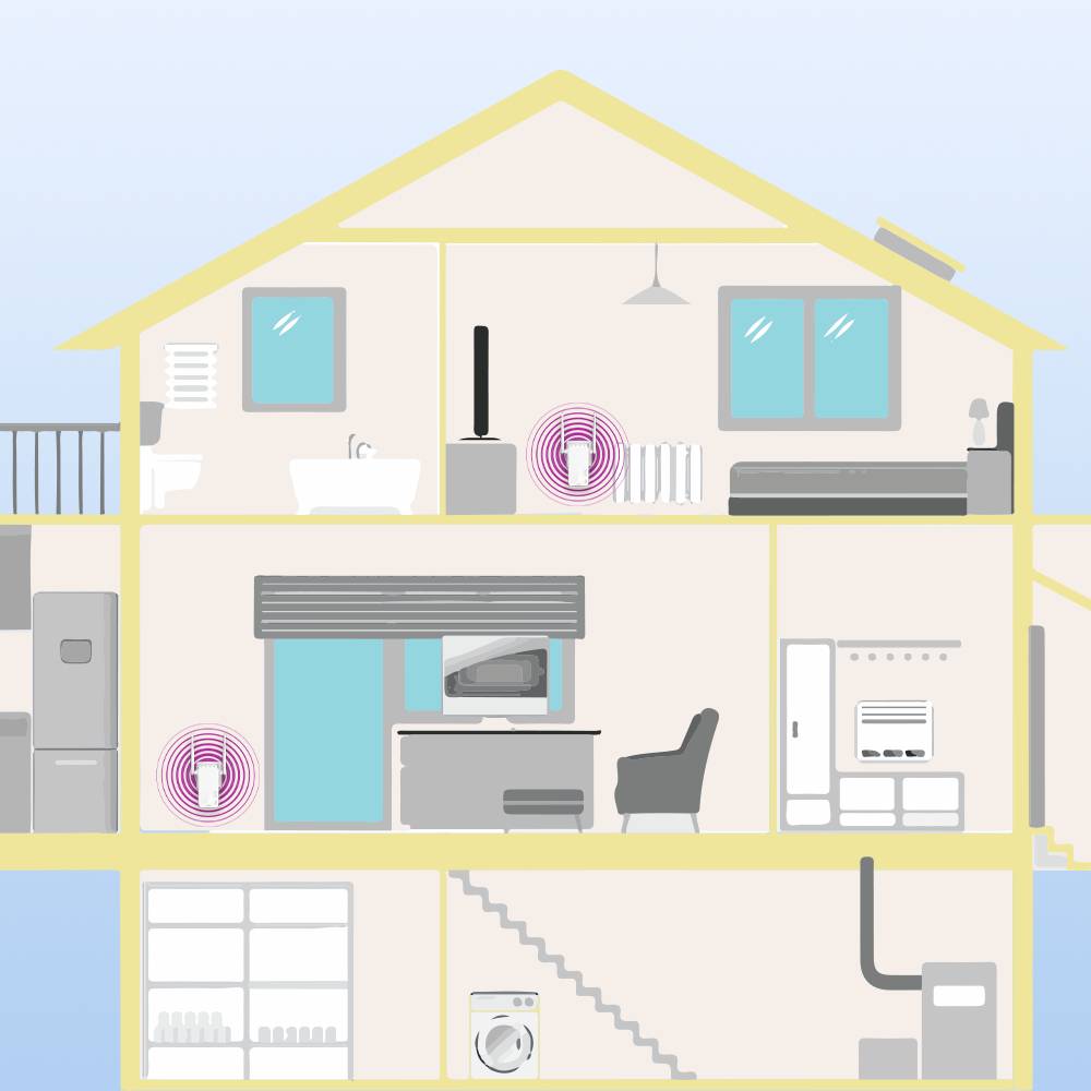 'Cross-section of a house showing household appliances in various rooms, including washing machine, fridge, and heating system.'