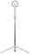 'White, adjustable stand with a round, illuminated ring light on top. Clean, minimalist style.'