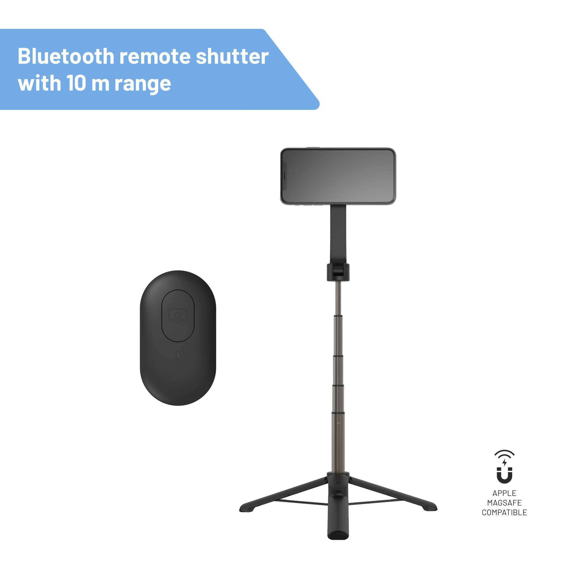 A smartphone on an extendable tripod with a Bluetooth remote shutter next to it on the right. The text in the top left reads: 'Bluetooth remote shutter with 10 m range'. An Apple compatibility symbol is located bottom right.
