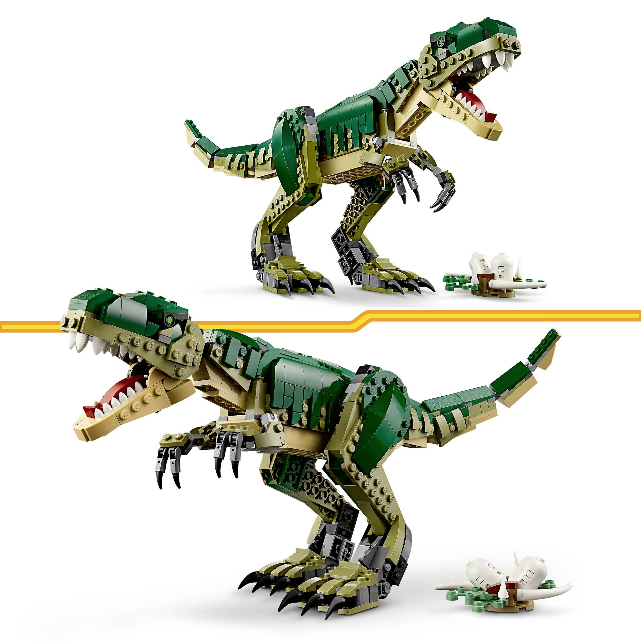 Lego Tyrannosaurus Rex miniature on a white background. Upper dinosaur with raised claw, lower one in a slightly altered pose.