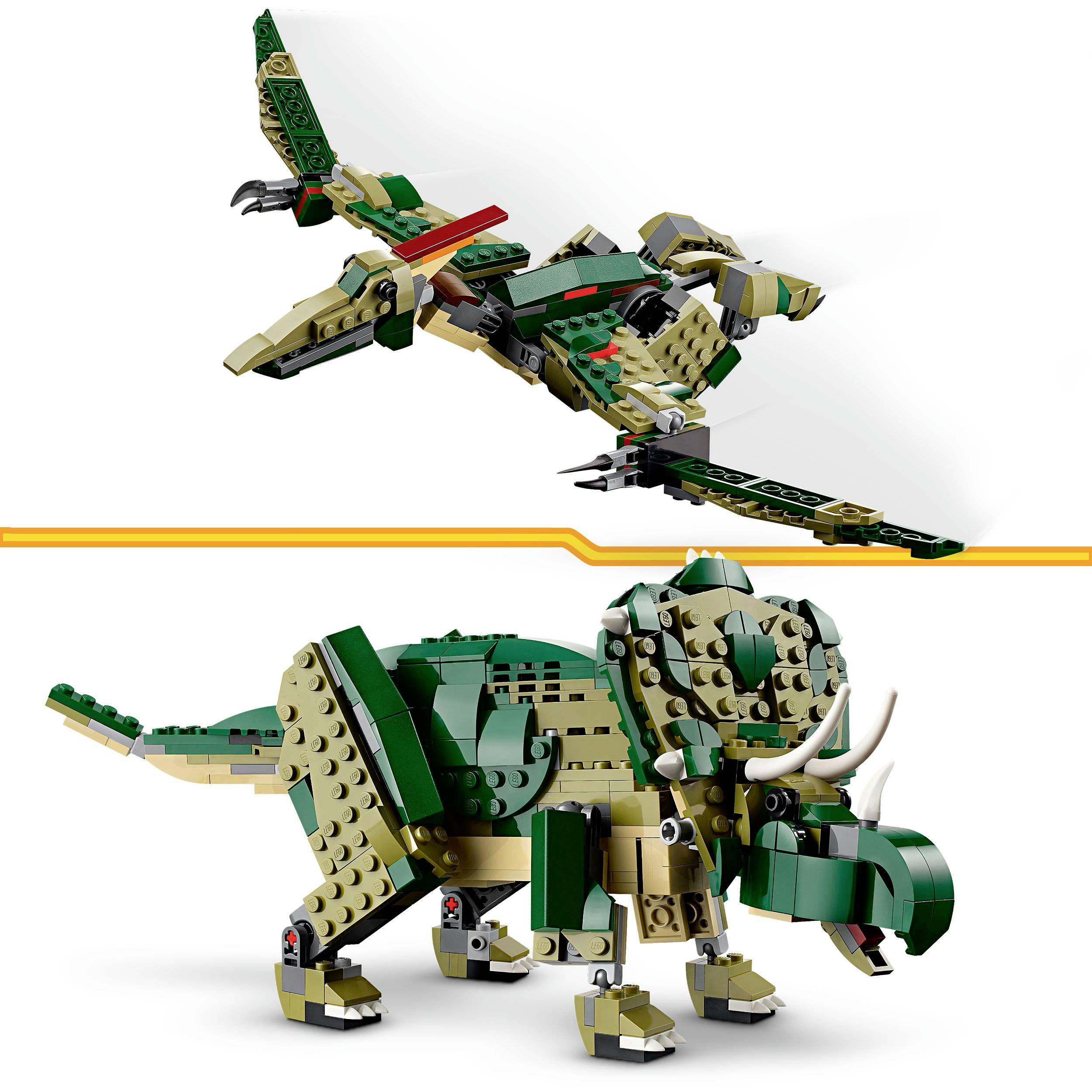 Two LEGO models of a dinosaur and a flying reptile made from green and beige bricks. Both represent imaginary creatures.