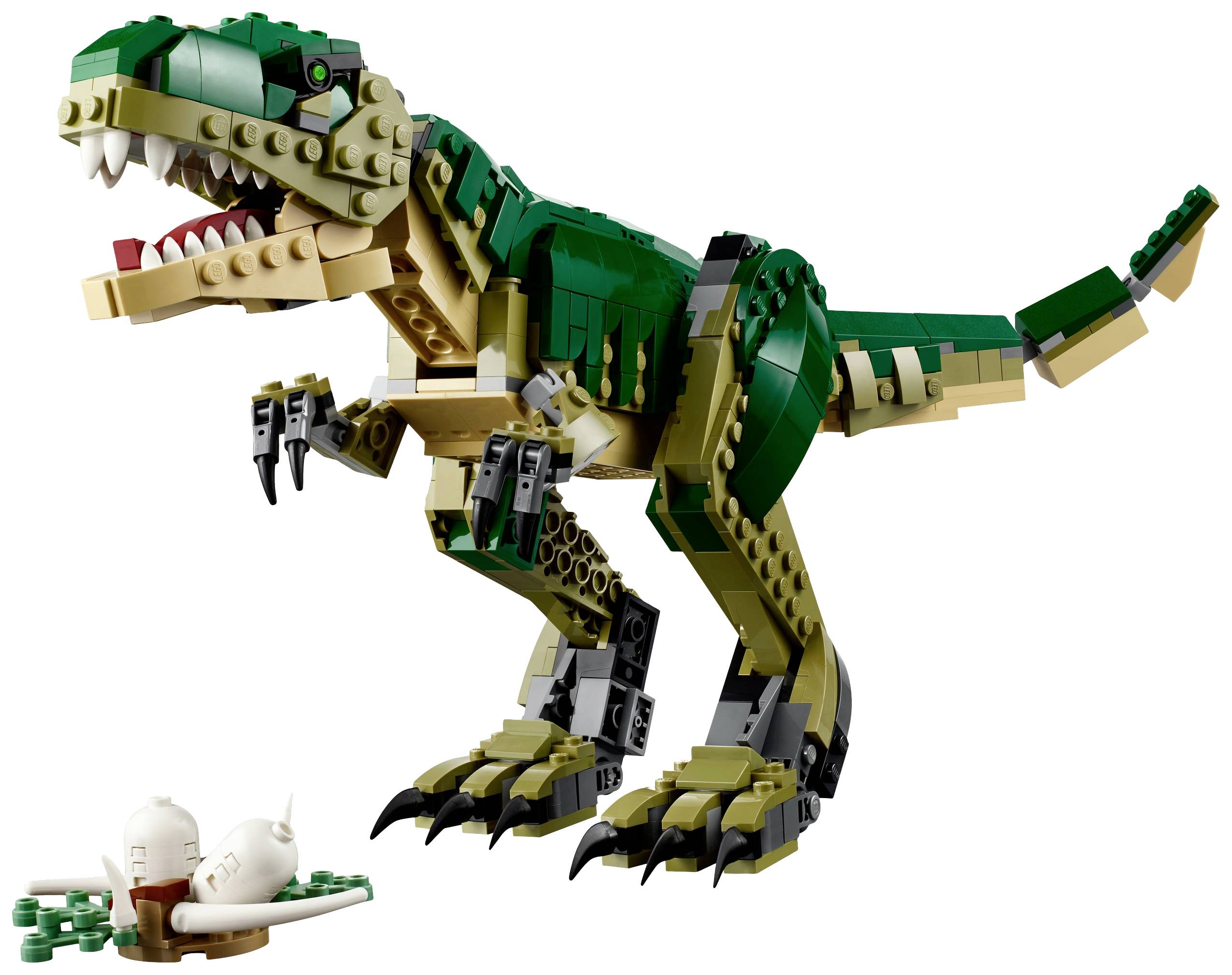 LEGO dinosaur figure in green, brown, and beige tones, standing with its mouth open. Beside it, two white LEGO eggs in a nest.