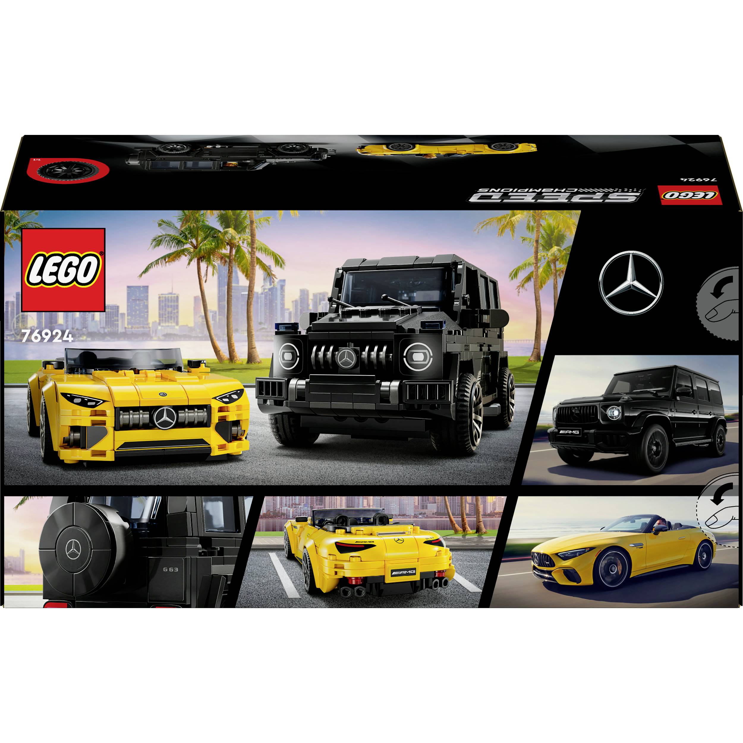 Lego set featuring a yellow convertible and black off-road vehicle by Mercedes, set against a backdrop of palm trees and a city skyline. Includes two scale model cars.