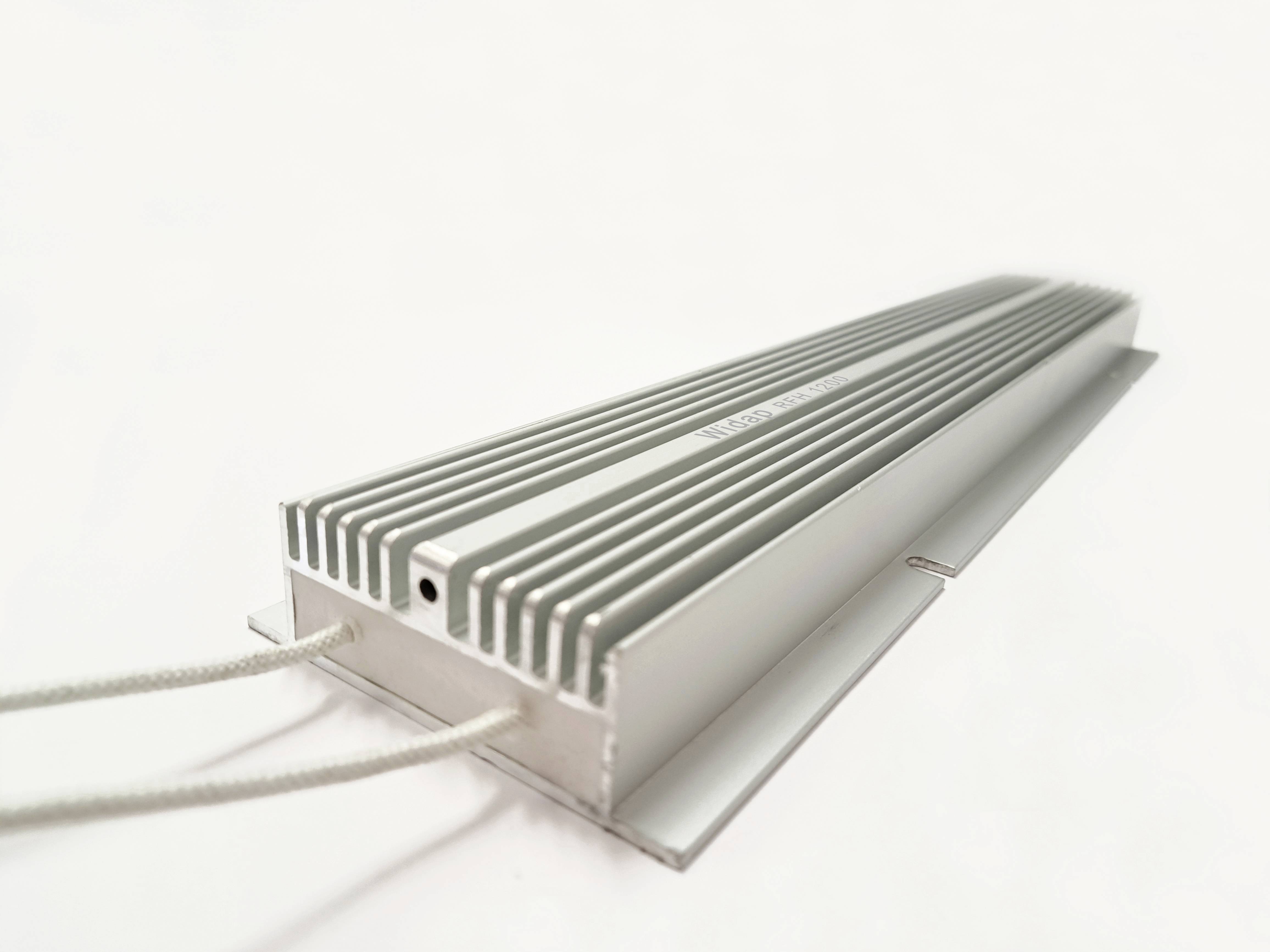 Metallic heatsink with fins and two protruding cables, potentially part of an electronic device for heat dissipation.