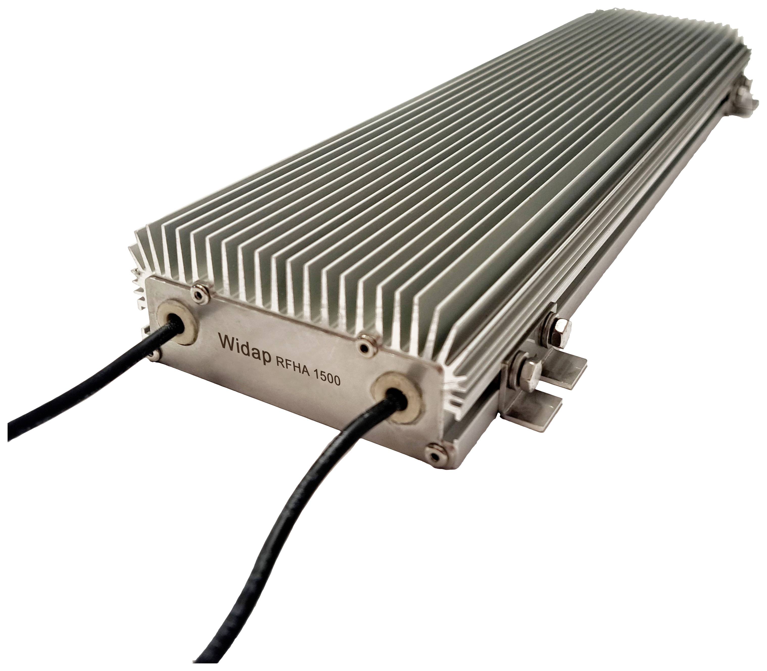 A rectangular aluminium heatsink with cable connections, labelled 'Widap RFHA 1500', likely an electronic component.