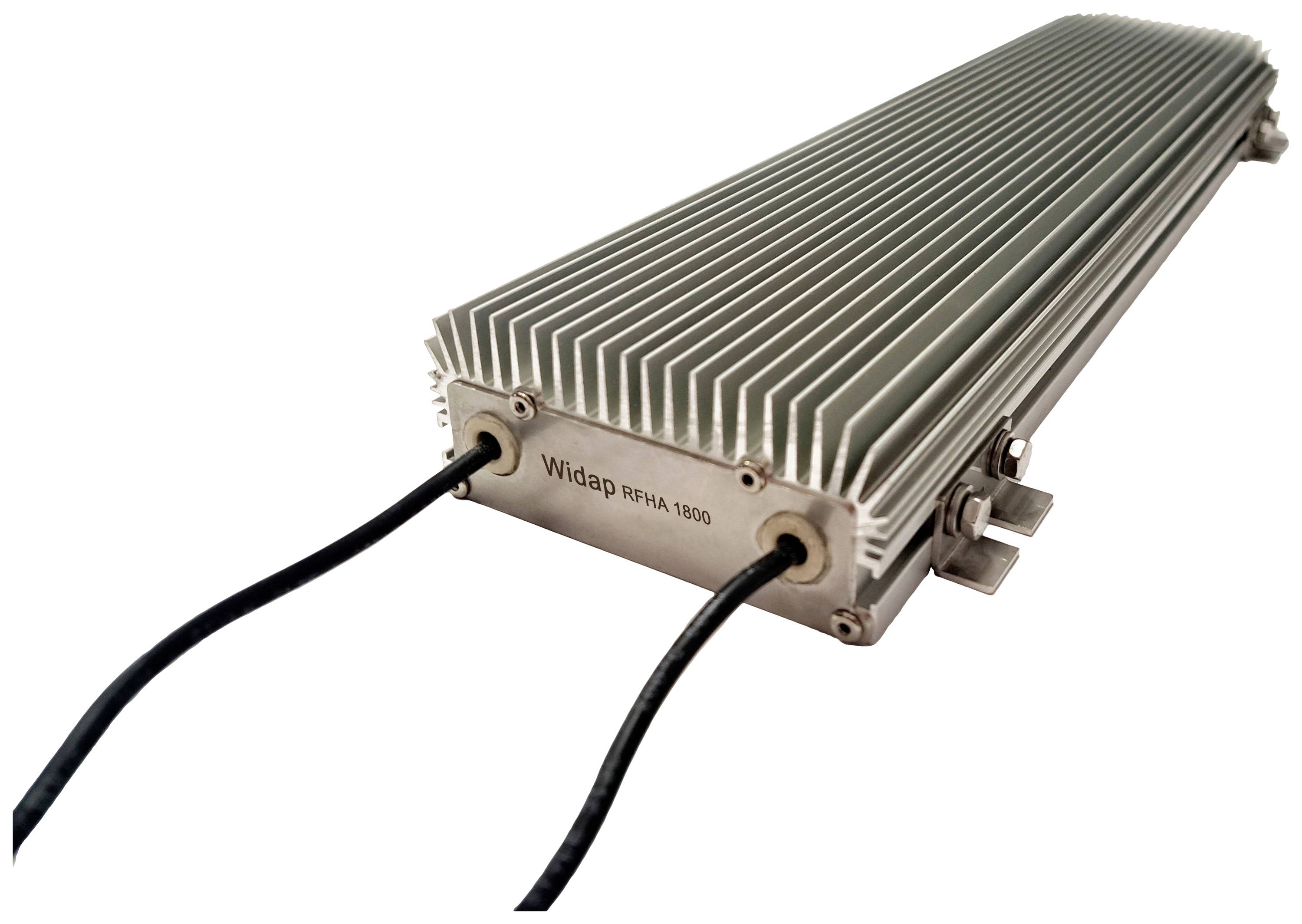 An electronic device with a metal casing and cooling fins. Two cables are connected. Label reads: 'Widap RFHA 1800'.