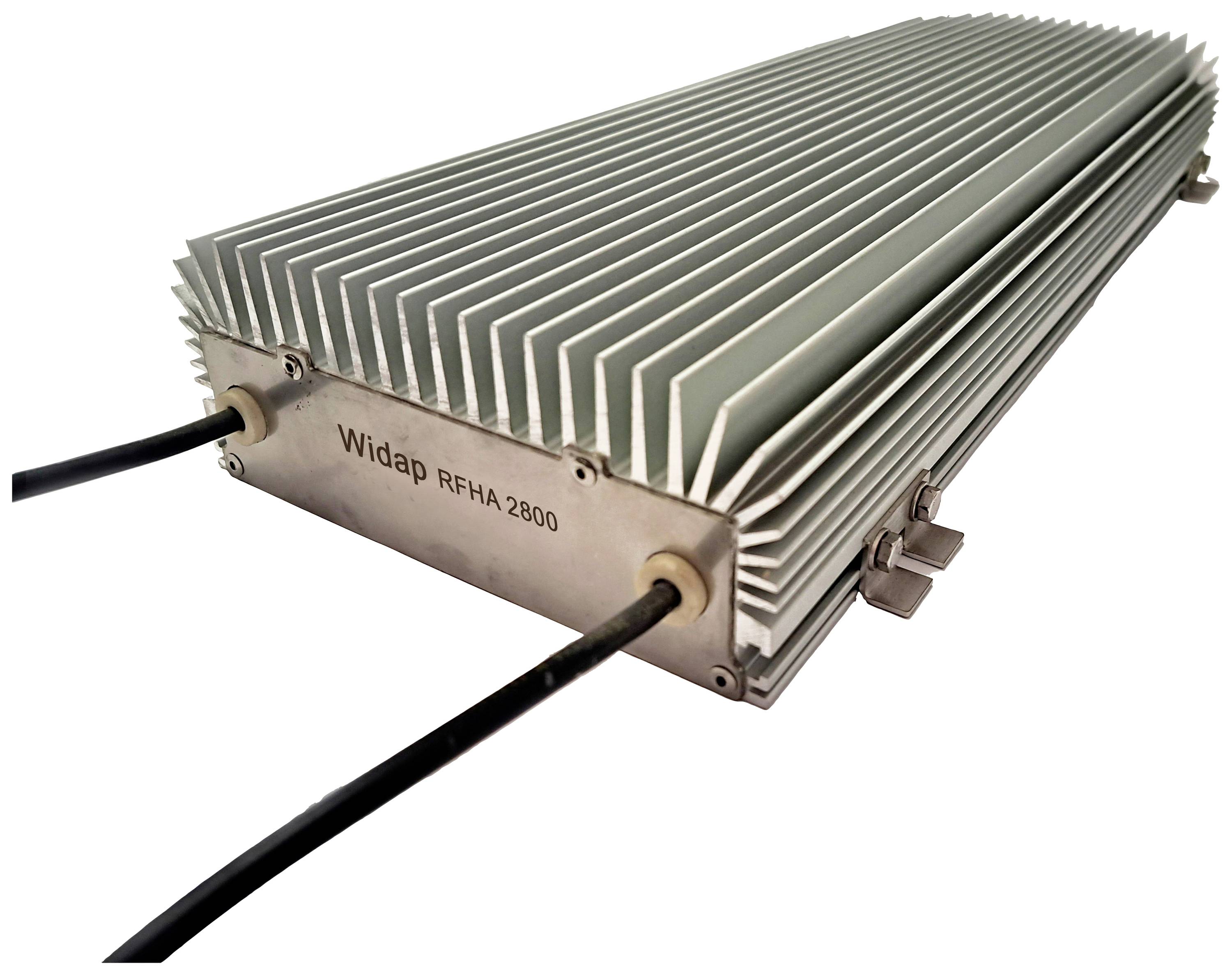 A metal enclosure with cooling fins and two connected cables. The label reads 'Widap RFHA 2800'.