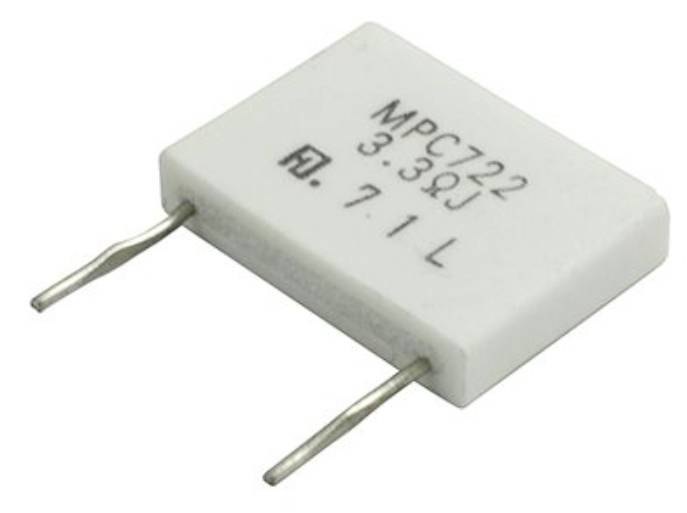 A rectangular, white electrical resistor with two metal terminals. Numbers and letters are printed on the body.
