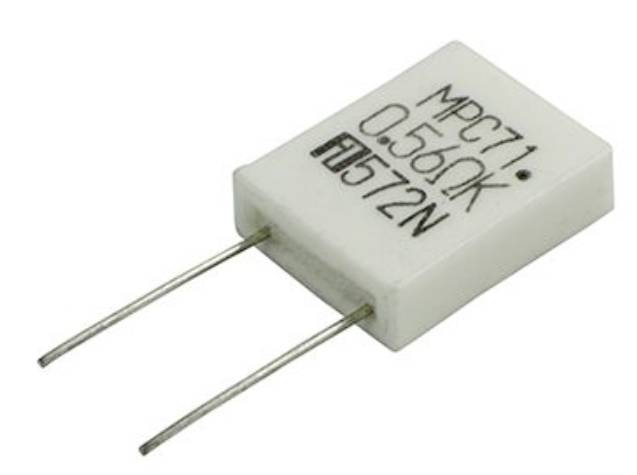 A square resistor with the inscription 'MPC71 0.56Ω 5% J 572N'. Two metal terminals protrude.
