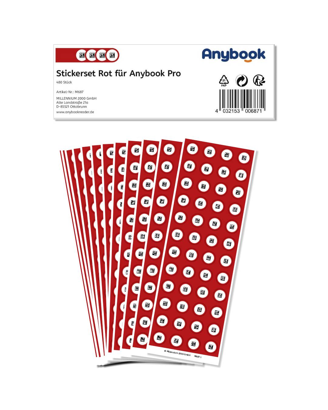'Red Sticker Set for Anybook Pro' shows red stickers with letters. Packaging contains manufacturer and product information.