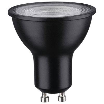 Black LED spotlight with GU10 base, suitable for use in ceiling spotlights or wall lamps.