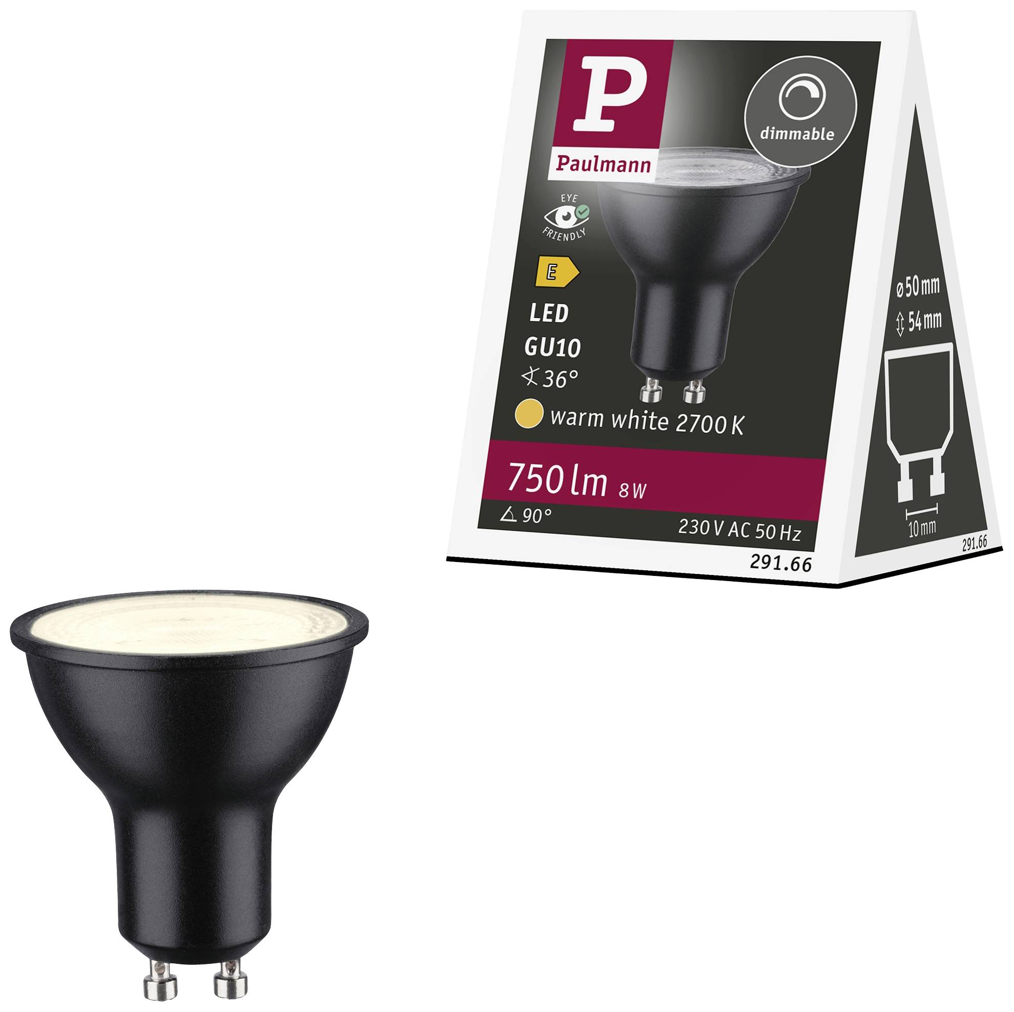 Paulmann GU10 LED Light Bulb, 750 Lumens, Warm White 2700 K, Dimmable, Energy Class F, Beam Angle 36 Degrees. Packaging on the right, Bulb on the left.