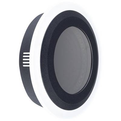 Black round camera lens cap with a white border. Exudes a modern, technological atmosphere.