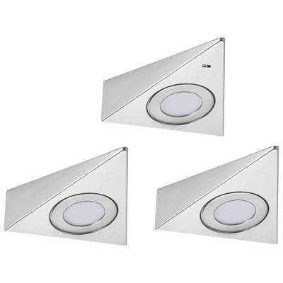 Three triangular LED under-cabinet lights made of stainless steel with a central round illumination element. Ideal for kitchen or worktop lighting.