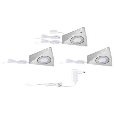 Three triangular under-cabinet metal light fittings with cable and power supply, suitable for installation beneath kitchen cupboards to provide additional lighting.