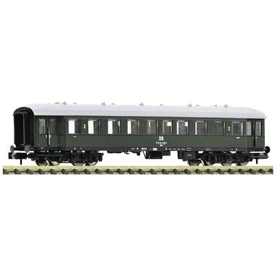 A green railway carriage with the marking '2' for second class, standing on a track, side view.