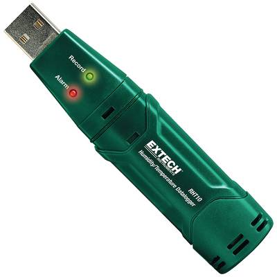 A green temperature data logger with a USB port displays two lights: 'Record' in green and 'Alarm' in red. Model: Extech RHT10.