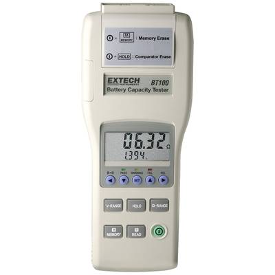 Extech BT100 Battery Capacity Tester with display showing resistance value of 0.632 Ohms. Operational buttons for various functions.