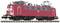Red model train of Deutsche Bahn on track, with pantographs on the roof and black chassis.