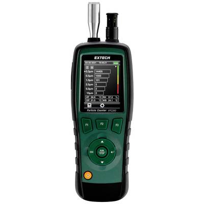 Air particle counter with display screen shows measurements in micrograms per cubic metre. Includes buttons for navigation and device operation.